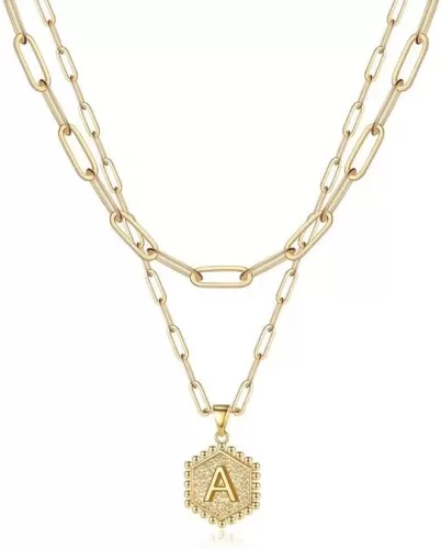 M MOOHAM Dainty Gold Necklace for Women - 14K Solid Gold Over Layering Necklaces for Women Cute Hexagon Letter Initial Necklaces for Women Gold Layered Necklaces for Women Jewelry Gifts
