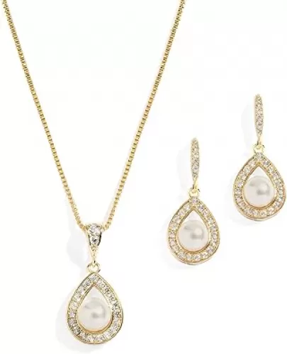 Mariell Pearl Necklace and Drop Earrings Wedding Jewelry Set for Brides, Bridesmaids, Birthday Gift