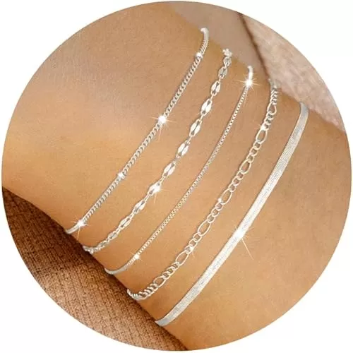 MBW Silver Bracelet Set - Dainty 14K Silver Bracelets, Waterproof, Trendy Minimalist, Small Thin Bracelets for Women, Gift