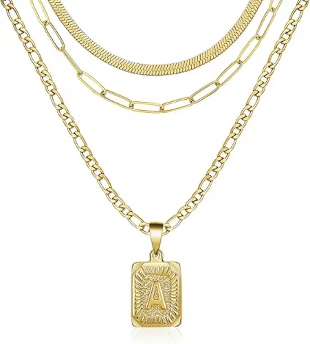 Memgift Gold Layered Necklace Set 3 PCS for Women Girls Dainty Trendy Paperclip Snake Choker Gold Filled Stainless Steel Figaro Chain Layering Necklaces Jewelry Gifts Square Pendant Letter A-Z