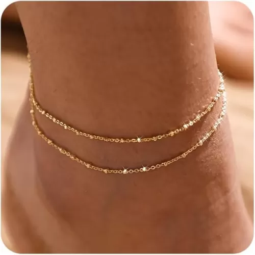 MIDEEO Gold/Silver Ankle Bracelets for Women, 14K Gold Anklets for Women Waterproof Cuban Link Heart Beads Herringbone Rhinestone Anklets Set Layered Anklet Bracelets for Women Gold Jewelry Gift