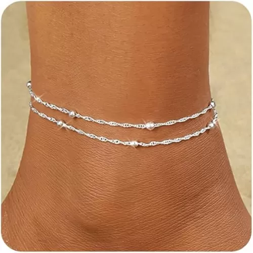 MIDEEO Sterling Silver Anklet Bracelets for Women, 925 Sliver Plated Anklets for Women Waterproof Heart Beads CZ Layered Anklets Set Bracelets for Women Jewelry Gift