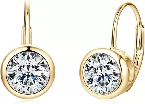 Moissanite Hoop Earrings, 925 Sterling Silver Hypoallergenic Bezel Set Leverback Drop Earrings for Women, D Color VVS1 Lab Created Imitation Diamond Round Cut Jewelry Gifts