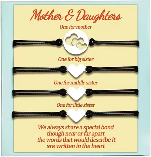 Mother & Daughters Matching Bracelets - Set of 4 Heart Love Bracelets for Family, Mom & Me Gifts, Mothers Day Jewelry