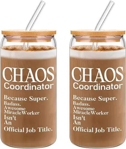 Nuenen 2 Pieces Friends Gifts Coach Gifts Chaos Coordinator for Women 16 oz Glass Coffee Tumbler Cup for Birthday Appreciation Thank You Coach Sisters Coworker(Chaos Coordinator)