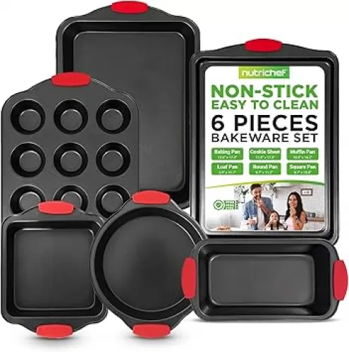 NutriChef 6-Piece Nonstick Bakeware Set - Carbon Steel Baking Tray Set w/ Heatsafe Red Silicone Handles, Oven Safe Up to 450°F, Loaf Muffin Round/Square Pans, Cookie Sheet, Baking Pan -NCSBS6S, Black