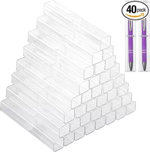 OMISTAR 40 Pcs Pen Gift Boxes, Clear Acrylic Pen Cases Reusable Pen Storage Containers Transparent Plastic Pencil Display Boxes, Empty Single Pen Holders for School Office Gift Packaging
