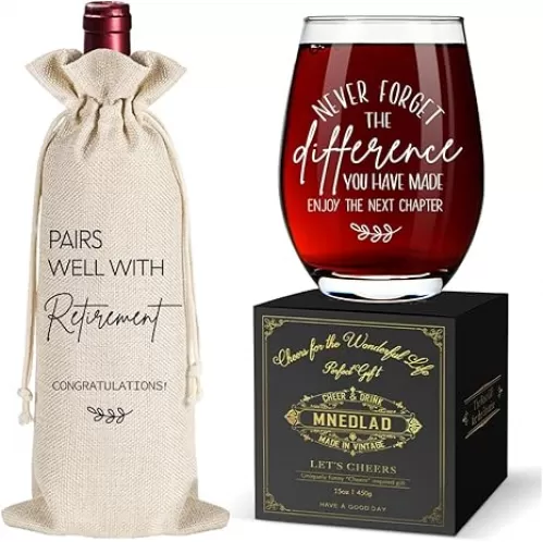 Pairs Well With Retirement Stemless Glasses & Linen Wine Bag Gift Set, Funny Retirement Gift Set for Women, Men, Friends, Colleagues, Teachers, Bosses, 1 Wine Bag-139