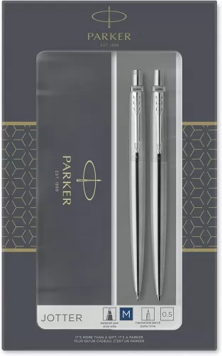 Parker Jotter Duo Gift Set, Ballpoint Pen & Mechanical Pencil (0.5mm), Stainless Steel with Chrome Trim, Quality Blue Ink Refill, Perfect for Professional and Academic Use