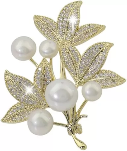 Pearl Brooch, Rhinestone Leaf Brooch, Elegant Flower Brooch Pin for Women and Men, Wedding Parties, Crystal Pearl Fabric Flower Collar Pin, Formal Attire Set Accessory, Creative Gift, Valentine