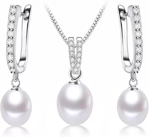 Pearl Jewelry Set For Women with Cubic Zirconia Freshwater Pearl Pendant Necklace & Earrings 925 Sterling Silver for Wedding Prom Gift