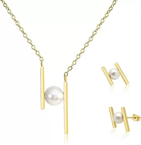Pearl Necklace and Earring Set, 18K Gold Plated Earrings and Necklace Set for Women, Dainty Freshwater Pearl Jewelry Set for Women Gift