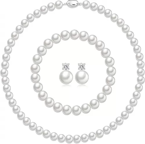 Pearl Necklaces for Women, 8mm Pearl Necklace and Earring Bracelet Jewelry Set for Women Men Wedding Birthday Valentine Christmas Day Gifts