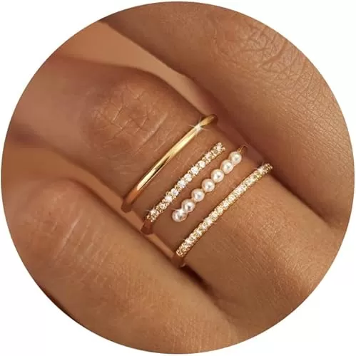 Pearl Rings for Women, Dainty 14K Gold Plated Stackable Cubic Zirconia Pearl Rings Set Trendy Simple Vintage Minimalistic Thumb Finger Ring Set Jewelry Gifts Statement Wedding Valentine