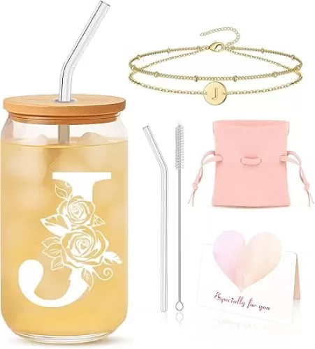 Personalized Initial Gift Box for Women – Custom Letter Glass and Bracelet Set – Meaningful Present for Her, Friend, Sister, Daughter, Bridesmaid-J