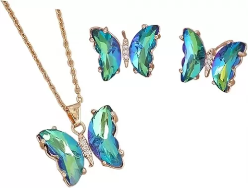 Pingyongchang Butterfly Necklace and Earrings Set for Women - Minimalist Cubic Zircons Gold Pendant, Cute Crystal Jewelry - Women