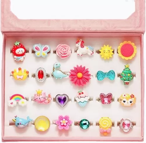 PinkSheep Little Girl Jewel Rings in Box, Adjustable, No Duplication, Girl Pretend Play and Dress Up Rings (24 Lovely Ring)