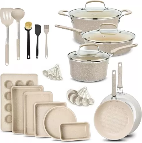 Pots and Pans Set, 23-Piece Non Stick Cookware & Bakeware Sets with Plaid Pattern, Stackable Design, Dishwasher Safe, Stain-resistant, Oven & All-Stove Safe, Tempered Glass Lid, White Marble