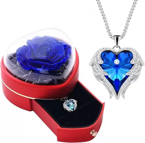 Preserved Real Blue Rose with Heart Necklace Gift Set for Women. Romantic Gifts for Girlfriend Mom on Christmas.Forever Rose Gifts for Mom Grandma on Mothers Day. Birthday Gifts for Women.