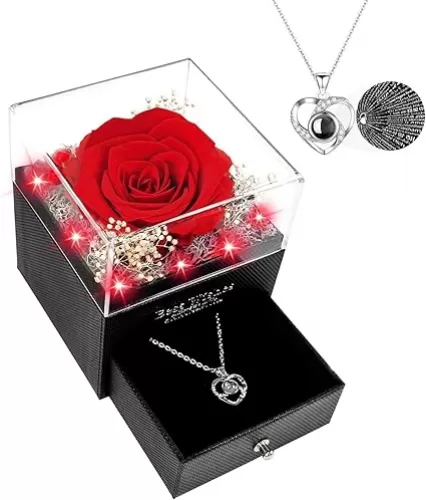 Preserved Rose with Heart Necklace - Eternal Rose Gift for Women, Romantic Gifts for Wife, Girlfriend, Mom, Grandma, Fiance on Birthday, Anniversary, Mother