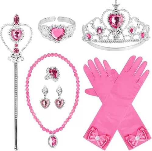 Princess Dress Up Party Accessories for Princess Costume Gloves Tiara Wand Necklace Earrings Bracelet and Ring Gift Set 9pcs (Rose, Set of 7, 9pcs)