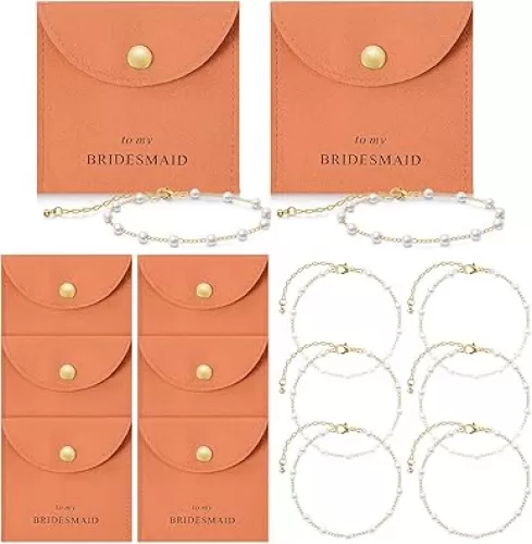 Quelay 16 Pcs Jewelry Bridesmaid Gift Pearl Bracelet Microfiber Jewelry Bag Pouch Set of 8 for Wedding Bridal Party Favor