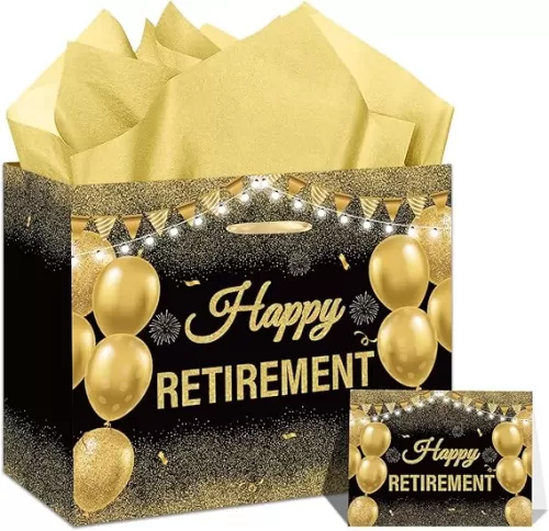 Retirement Gift Bag with Tissue Paper Set Large Black Gold Happy Retirement Wrapping Gift Bag and Greeting Card for Men Women Office Coworker Farewell Going Away Party Favors Wrap Bags Supplies