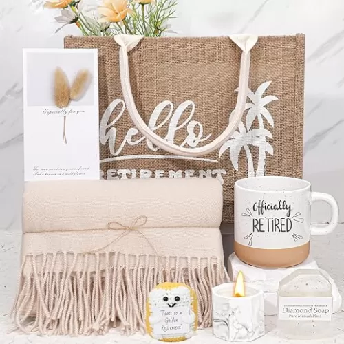 Retirement Gift Basket for Women: Ceramic Coffee Mug, Shawl Wrap, Beach Travel Bag, Handmade Gifts; Perfect for Retirees, Teachers, Moms, Grandmas; 16 oz Capacity