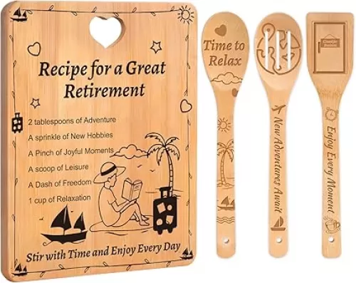 Retirement Gift Set for Women 2025: Personalized Bamboo Cutting Board with "Recipe for Great Retirement" Design & Engraved Kitchen Utensils, Unique Farewell Gifts for Coworker Boss Lady