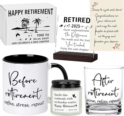 Retirement Gifts for Men 2025 – Retired Gifts Set with Mug, Wine Glass, Candle, Plaque & Card – Happy Retirement Gift for Man, Coworker