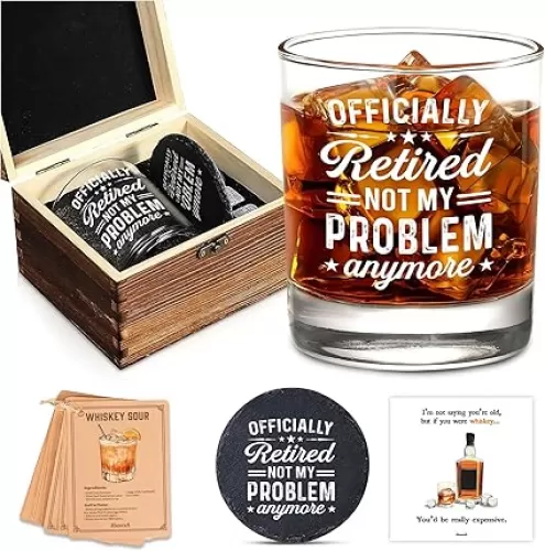 Retirement Gifts for Men Whiskey Glass Set - Retired 2025 - Retirement Party Decorations, Supplies - Gifts Ideas for Him, Dad, Husband, Friends - Wooden Box, Coaster, Recipe Cards & card