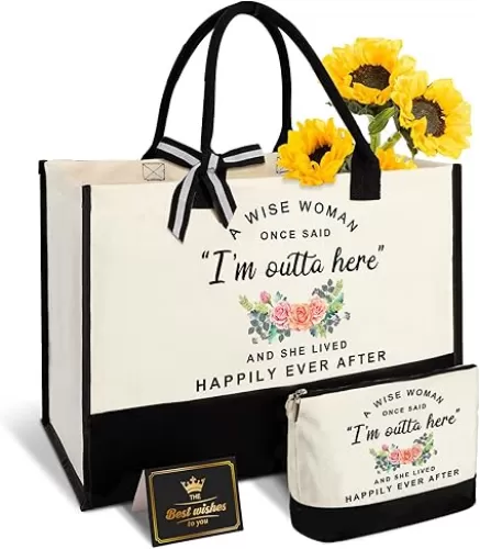 Retirement Tote Bag & Makeup Bag Set for Women - Funny Retirement Gifts for Coworker, Boss, Friend - White, 16.8"L x 12.4"H x 7.5"W