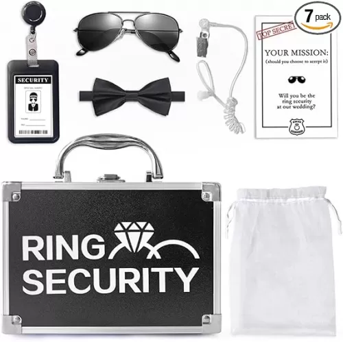 Ring Security Wedding Ring Bearer Box With Rings Holder Pad, 7PCS Ring Security Box Ring Bearer Proposal Gifts Set with Boys Glasses, Earpiece, Badge, Bow Tie, Mission Card for Ceremony