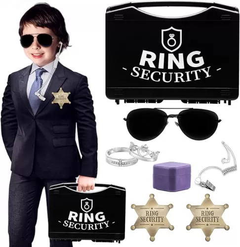 Ring Security Wedding Ring Bearer Gifts Box Set Include Ring Security Badges, Acoustic Earpiece Tube, Rings Bearer Sunglass, Wedding Rings Box with 2 Rings