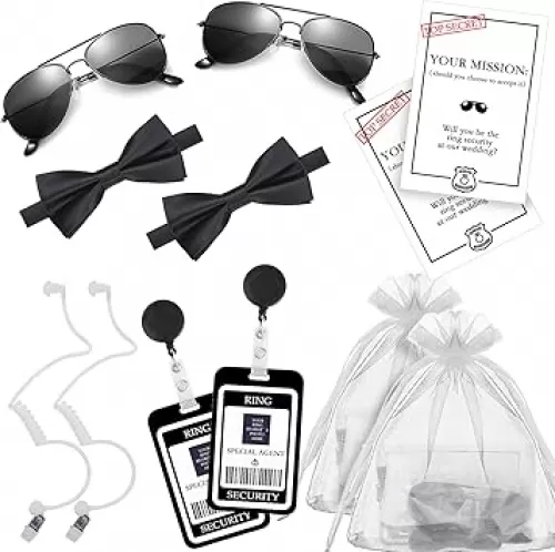 Ring Security Wedding Ring Bearer Gifts Proposal -Bow Tie, Sun Glasses, Earpiece and RingBearer Card for Kids Outfit Spy FBI Cosplay Toys(2pcs)