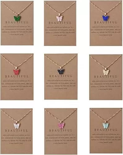Rrdaily 9 Pcs Dainty Colorful Butterfly Pendant Necklace Set for Women, Bohemian Acrylic Butterfly Chain Necklace Cute Jewelry Gift