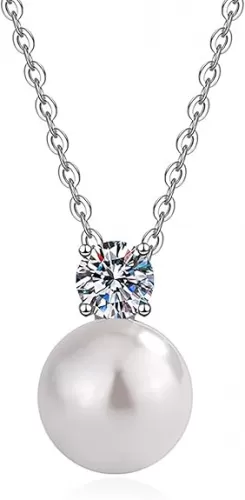 S925 Sterling Silver Pearl Pendant& Moissanite Necklace for Women - 8mm Freshwater Cultured Pearl, 0.3ct D/VVS1 Moissanite Pendant, Adjustable Chain, Gifts for Women