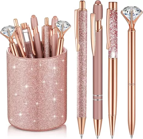 Sabary 8 Pcs Rose Gold Pens with Pen Holder for Desk Glitter Crystal Diamond Cute Ballpoint Fancy Pencil Holder Bling Desk Organizer for Women Girls Gifts School Office Wedding Supplies