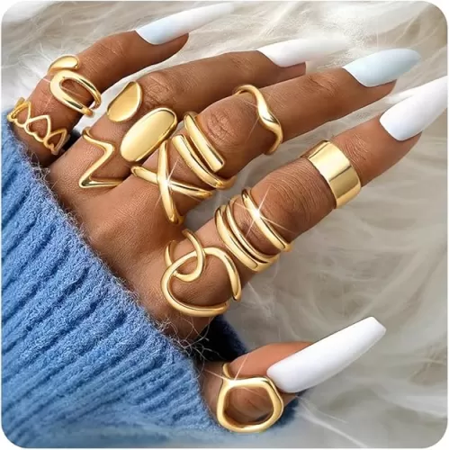 Sanfenly 12 PCS Chunky Gold Rings for Women Non Tarnish 18K Gold Plated Adjustable Statement Ring Knuckle Thumb Stackable Open Rings Set Fashion Jewelry Gifts
