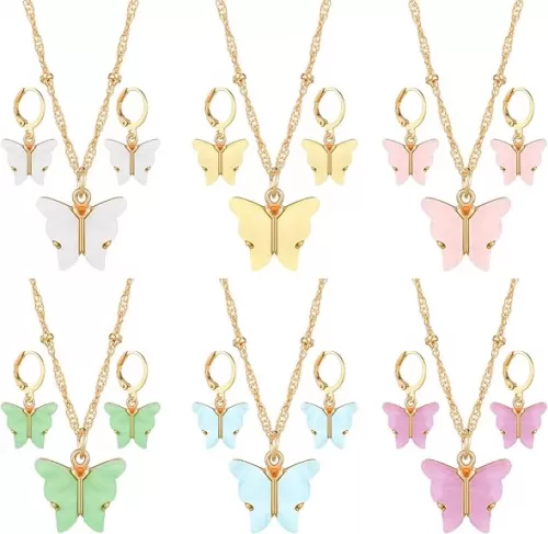 Sasylvia 18 Pcs Butterfly Jewelry for Women Butterfly Necklace Earrings Set Acrylic Pendant Necklace Hoop Earrings Colorful Cute Jewelry Gifts