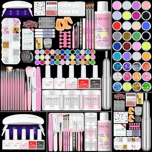 SAVILAND Acrylic Nail Kit with Drill: Professional Nail Kit Acrylic Set for Beginners with Everything Gel Polish U V Light Decorations for Home Salon Gift Set