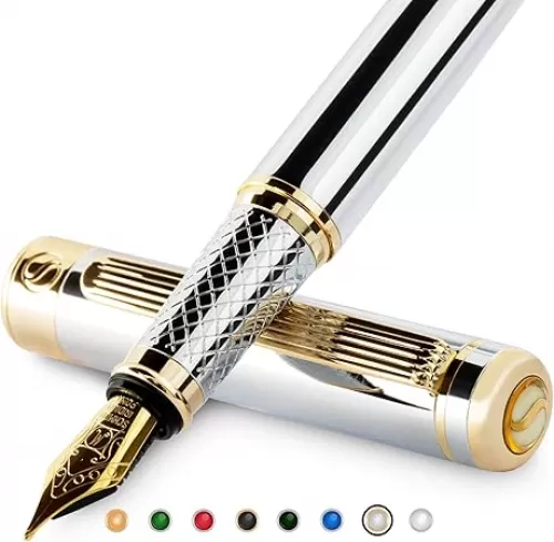 Scriveiner Silver Chrome Fountain Pen - Stunning Luxury Pen, Real Gold Finish Schmidt Gilded Nib (Medium), Best Pen Gift Set for Men & Women, Professional, Executive Office, Nice Pens