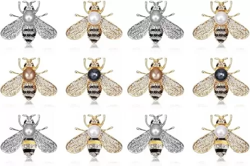 Set of 12 Gold Crystal Insect Bee Brooches with Faux Pearl, Gift for Women, Birthday, Dating, Party, Anniversary