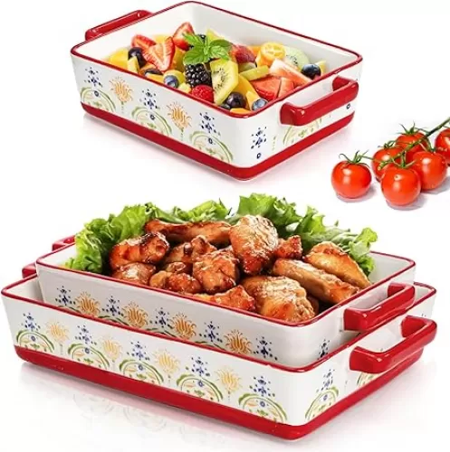 Set of 3 Ceramic Baking Dishes, Casserole Dishes for Oven, Rectangular Bakeware with Handles, Ceramic Bakeware for Cooking, Baking Cake, Wedding Gift, 3 Sizes (14.5