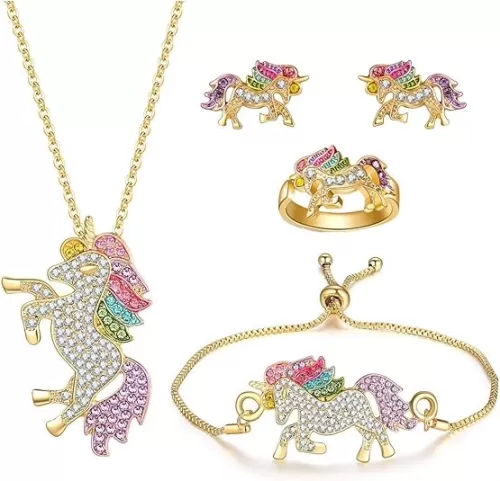 SHWIN Unicorns Gifts for Girls Kids Jewelry 2 or 4 Pack Unicorn Necklace Bracelet Earrings Ring Jewelry Set Birthday Gifts for Girls Daughter Granddaughter Niece
