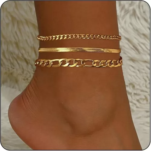Silver Ankle Bracelets for Women Waterproof Stainless Steel Anklet Adjustable Layered Cuban Silver Anklets Set Summer Beach Foot Jewelry Gift