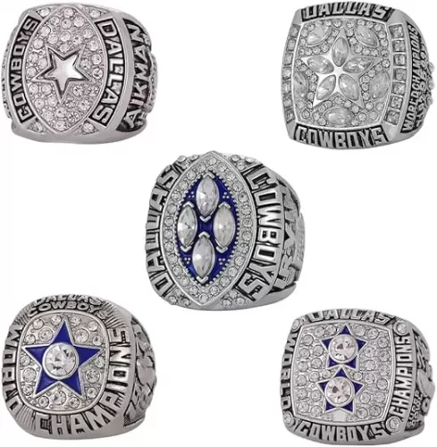 SILVER VERSION RINGS GIFT SET DALLAS RUGBY 1971 1977 1992 1993 1995 WORLD CHAMPIONSHIP RING, 5 RINGS SET WITH 5-HOLE WOODEN DISPLAY BOX PACKAGING, HOLIDAY GIFT FOR BASEBALL FANS