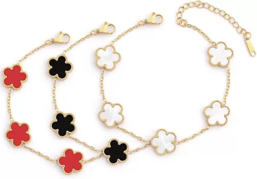 (Skin-Friendly&Fade-Resistant) 18K Gold Plated Bracelets Set for Women (Double Sided) Four Leaf Clover Cute Trendy Lucky Bracelet (Adjustable) Gold Jewelry for Women Birthdays Holidays Gifts 3pcs