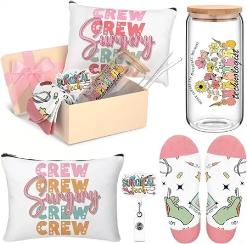 Skylety 5 Pcs Surgical Tech Week Gifts Set with Glass Cup Socks Cosmetic Bag Badge Holder Surgical Technologist Appreciation Gift Box Stuff for Women