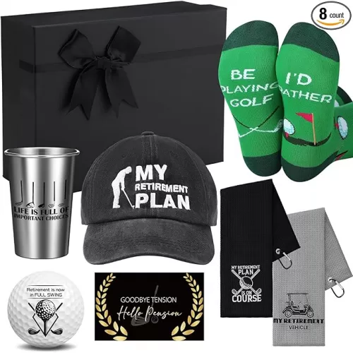 Skylety 8 Pcs Retirement Golf Gift Set for Men Include Stainless Steel Cup Cap Socks Card Towels Ball with Box for Dad Golfer Lovers Fathers Day Golf Gifts